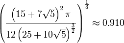 \left(
\frac{\left(15 + 7\sqrt{5}\right)^2 \pi}{12\left(25+10\sqrt{5}\right)^{\frac{3}{2}}}
\right)^{\frac{1}{3}} \approx 0.910