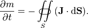  {\partial m \over \partial t} = {- \iint\limits_{S}\!\!\!\!\!\!\!\!\!\!\!\subset\!\supset (\mathbf{J}\cdot \mathrm{d}\mathbf{S})}. 