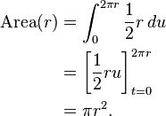 \begin{align}
 \mathrm{Area}(r) &{}= \int_0^{2\pi r}  \frac{1}{2} r \, du \\
                  &{}= \left[ \frac{1}{2} r u \right]_{t=0}^{2 \pi r}\\
                  &{}= \pi r^2.
\end{align} 