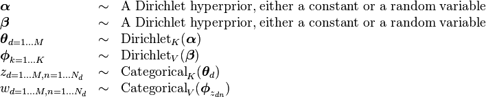 
\begin{array}{lcl}
\boldsymbol\alpha &\sim& \text{A Dirichlet hyperprior, either a constant or a random variable} \\
\boldsymbol\beta &\sim& \text{A Dirichlet hyperprior, either a constant or a random variable} \\
\boldsymbol\theta_{d=1 \dots M} &\sim& \operatorname{Dirichlet}_K(\boldsymbol\alpha) \\
\boldsymbol\phi_{k=1 \dots K} &\sim& \operatorname{Dirichlet}_V(\boldsymbol\beta) \\
z_{d=1 \dots M,n=1 \dots N_d} &\sim& \operatorname{Categorical}_K(\boldsymbol\theta_d) \\
w_{d=1 \dots M,n=1 \dots N_d} &\sim& \operatorname{Categorical}_V(\boldsymbol\phi_{z_{dn}}) \\
\end{array}
