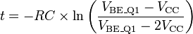 
t = -RC \times \ln\left(\frac{V_{\text{BE}\_\text{Q1}} - V_\text{CC}}{V_{\text{BE}\_\text{Q1}} - 2 V_\text{CC}}\right)
