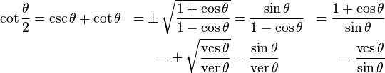 \begin{align}
\cot \frac{\theta}{2} &= \csc \theta + \cot \theta &= \pm\, \sqrt{1 + \cos \theta \over 1 - \cos \theta} &= \frac{\sin \theta}{1 - \cos \theta} &= \frac{1 + \cos \theta}{\sin \theta}\\
&&= \pm\, \sqrt{\operatorname{vcs}\theta \over \operatorname{ver}\theta} &= \frac{\sin \theta}{\operatorname{ver}\theta} &= \frac{\operatorname{vcs}\theta}{\sin \theta}\\
\end{align}