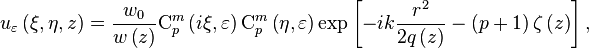 
u_\varepsilon \left( \xi ,\eta ,z\right) = \frac{w_{0}}{w\left(
z\right) }\mathrm{C}_{p}^{m}\left( i\xi ,\varepsilon \right) \mathrm{C}
_{p}^{m}\left( \eta ,\varepsilon \right) \exp \left[ -ik\frac{r^{2}}{
2q\left( z\right) }-\left( p+1\right) \zeta\left( z\right) \right] ,
