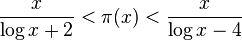  \frac {x}{\log x + 2} < \pi(x) < \frac {x}{\log x - 4}