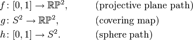 \begin{align}
 f\colon& [0,1] \to \mathbb{RP}^2 , &\qquad&\text{(projective plane path)} \\
 g\colon& S^2 \to \mathbb{RP}^2 , &\qquad&\text{(covering map)} \\
 h\colon& [0,1] \to S^2 . &\qquad&\text{(sphere path)} 
\end{align}