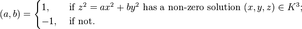 (a,b)=\begin{cases}1,&\mbox{ if }z^2=ax^2+by^2\mbox{ has a non-zero solution }(x,y,z)\in K^3;\\-1,&\mbox{ if  not.}\end{cases}