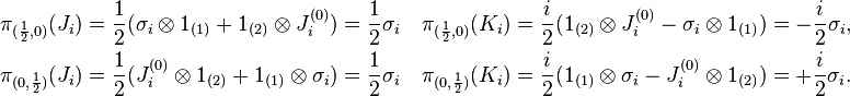 \begin{align}
\pi_{(\frac{1}{2},0)}(J_i) & = \frac{1}{2}(\sigma_i\otimes 1_{(1)} + 1_{(2)}\otimes J^{(0)}_i) = \frac{1}{2}\sigma_i\quad\pi_{(\frac{1}{2},0)}(K_i) = \frac{i}{2}(1_{(2)}\otimes J^{(0)}_i - \sigma_i \otimes 1_{(1)}) = -\frac{i}{2}\sigma_i,\\
\pi_{(0,\frac{1}{2})}(J_i) & = \frac{1}{2}(J^{(0)}_i\otimes 1_{(2)} + 1_{(1)}\otimes \sigma_i) = \frac{1}{2}\sigma_i\quad\pi_{(0,\frac{1}{2})}(K_i) = \frac{i}{2}(1_{(1)}\otimes\sigma_i  - J^{(0)}_i \otimes 1_{(2)}) = +\frac{i}{2}\sigma_i.
\end{align}