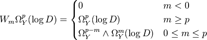 W_{m}\Omega^p_Y(\log D) =  \begin{cases}
0 & m < 0\\
\Omega^p_Y(\log D) & m\geq p \\
\Omega^{p-m}_Y\wedge \Omega^m_Y(\log D) & 0\leq m \leq p
\end{cases} 