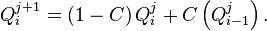  Q^{j+1}_i = \left(1-C\right) Q^j_i + C\left(Q^j_{i-1}\right). 