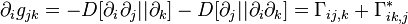 \partial_ig_{jk}=-D[\partial_i\partial_j||\partial_k]-D[\partial_j||\partial_i\partial_k]=\Gamma_{ij,k}+\Gamma_{ik,j}^*