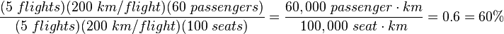 \frac{(5\ flights)(200\ km/flight)(60\ passengers)}{(5\ flights)(200\ km/flight)(100\ seats)} = \frac{60,000\ passenger \cdot km }{100,000\ seat\cdot km} = 0.6 = 60\%