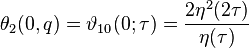 \theta_2(0,q) = \vartheta_{10}(0;\tau) = \frac{2\eta^2(2\tau)}{\eta(\tau)}