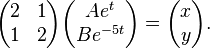 \begin{pmatrix} 2 & 1\\1 & 2 \end{pmatrix}\begin{pmatrix} Ae^{t}\\Be^{-5t} \end{pmatrix} = \begin{pmatrix} x\\y \end{pmatrix}. 