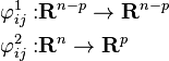 \begin{align}
\varphi_{ij}^1: &\mathbf{R}^{n-p}\to\mathbf{R}^{n-p} \\
\varphi_{ij}^2: &\mathbf{R}^n\to\mathbf{R}^{p}
\end{align}