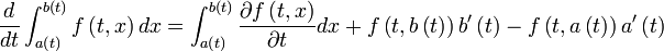 \frac{d}{dt}\int_{a\left( t\right) }^{b\left( t\right) }f\left( t,x\right) dx=  \int_{a\left( t\right) }^{b\left( t\right) }\frac{\partial f\left( t,x\right) }{\partial t}dx+f\left( t,b\left( t\right) \right) b^{\prime }\left( t\right) -f\left( t,a\left( t\right) \right) a^{\prime }\left( t\right)