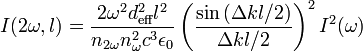 I(2\omega,l)=\frac{2\omega^2d^2_{\text{eff}}l^2}{n_{2\omega}n_{\omega}^2c^3\epsilon_0}\left(\frac{\sin{(\Delta k l/2)}}{\Delta k l/2}\right)^2I^2(\omega)