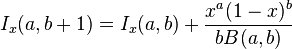  I_x(a,b+1) = I_x(a,b)+\frac{x^a(1-x)^b}{b B(a,b)} \, 