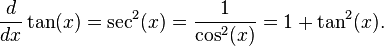  \frac{d}{dx}\tan(x) = \sec^2(x) = \frac{1}{\cos^2(x)} = 1+\tan^2(x).