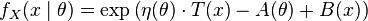  f_X(x\mid\theta) = \exp \left (\eta(\theta) \cdot T(x) - A(\theta) + B(x) \right )