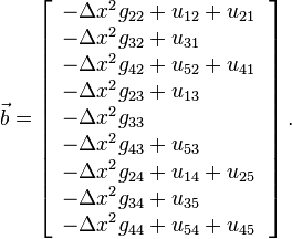 
\vec{b} =
\left[\begin{array}{l}
        -\Delta x^2 g_{22} + u_{12} + u_{21} \\
        -\Delta x^2 g_{32} + u_{31} ~~~~~~~~ \\
        -\Delta x^2 g_{42} + u_{52} + u_{41} \\
        -\Delta x^2 g_{23} + u_{13} ~~~~~~~~ \\
        -\Delta x^2 g_{33}  ~~~~~~~~~~~~~~~~ \\
        -\Delta x^2 g_{43} + u_{53} ~~~~~~~~ \\
        -\Delta x^2 g_{24} + u_{14} + u_{25} \\
        -\Delta x^2 g_{34} + u_{35} ~~~~~~~~ \\
        -\Delta x^2 g_{44} + u_{54} + u_{45}
\end{array}\right].
