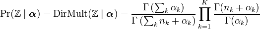 \Pr(\mathbb{Z}\mid\boldsymbol{\alpha})=\operatorname{DirMult}(\mathbb{Z}\mid\boldsymbol{\alpha})=\frac{\Gamma\left(\sum_k \alpha_k\right)}
{\Gamma\left(\sum_k n_k+\alpha_k\right)}\prod_{k=1}^K\frac{\Gamma(n_{k}+\alpha_{k})}{\Gamma(\alpha_{k})}