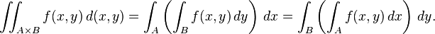 \iint_{A\times B} f(x,y)\,d(x,y)=\int_A\left(\int_B f(x,y)\,dy\right)\,dx=\int_B\left(\int_A f(x,y)\,dx\right)\,dy.