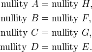  \begin{align}
\operatorname{nullity} \, A &= \operatorname{nullity} \, H, \\
\operatorname{nullity} \, B &= \operatorname{nullity} \, F, \\
\operatorname{nullity} \, C &= \operatorname{nullity} \, G, \\
\operatorname{nullity} \, D &= \operatorname{nullity} \, E. 
\end{align} 