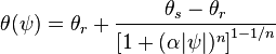 \theta(\psi) = \theta_r + \frac{\theta_s - \theta_r}{\left[ 1+(\alpha |\psi|)^n \right]^{1-1/n}}