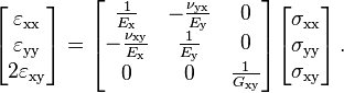 
   \begin{bmatrix}\varepsilon_{\rm xx} \\ \varepsilon_{\rm yy} \\ 2\varepsilon_{\rm xy} \end{bmatrix} = 
   \begin{bmatrix} \frac{1}{E_{\rm x}} & -\frac{\nu_{\rm yx}}{E_{\rm y}} & 0 \\
                   -\frac{\nu_{\rm xy}}{E_{\rm x}} & \frac{1}{E_{\rm y}} & 0 \\
                    0 & 0 & \frac{1}{G_{\rm xy}} \end{bmatrix}
    \begin{bmatrix}\sigma_{\rm xx} \\ \sigma_{\rm yy} \\ \sigma_{\rm xy} \end{bmatrix} \,.
 