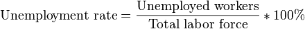 \text{Unemployment rate}=\frac{\text{Unemployed workers}}{\text{Total labor force}} * 100\%