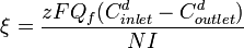 \xi=\frac{zFQ_f (C_{inlet}^d - C_{outlet}^d)}{N I}