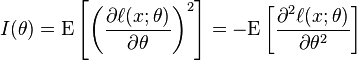 
I(\theta) = \mathrm{E}
 \left[
  \left(
   \frac{\partial \ell(x;\theta)}{\partial\theta}
  \right)^2
 \right] = -\mathrm{E}\left[ \frac{\partial^2 \ell(x;\theta)}{\partial\theta^2} \right]
