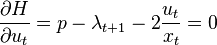 \frac{\partial H}{\partial u_t} = p - \lambda_{t+1} - 2\frac{u_t}{x_t} = 0