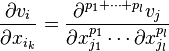 \frac{\partial v_i}{\partial x_{i_k}}=\frac{\partial^{p_1+\cdots+p_l}v_j}
 {\partial x_{j_1}^{p_1}\cdots \partial x_{j_l}^{p_l}}