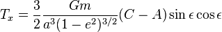 T_x = \frac{3}{2}\frac{Gm}{a^3 (1-e^2)^{3/2}}(C-A)\sin\epsilon\cos\epsilon