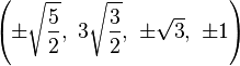 \left(\pm {\sqrt {\frac {5}{2}}},\ 3{\sqrt {\frac {3}{2}}},\ \pm {\sqrt {3}},\ \pm 1\right)