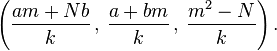 \left( \frac{am+Nb}{k} \,,\, \frac{a+bm}{k} \,,\, \frac{m^2-N}{k} \right).