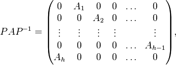 PAP^{-1}=
\begin{pmatrix}
0 & A_1 & 0 & 0 & \ldots & 0 \\
0 & 0 & A_2 & 0 & \ldots & 0 \\
\vdots & \vdots &\vdots & \vdots & & \vdots \\
0 & 0 & 0 & 0 & \ldots & A_{h-1} \\
A_h & 0 & 0 & 0 & \ldots & 0
\end{pmatrix},
