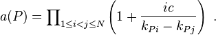   a(P) = \prod\nolimits_{1\leq i<j \leq N}
\left(1+\frac{ic}{k_{Pi}  -k_{Pj}}\right) \ . 