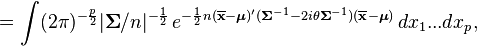 = \int (2\pi)^{-\frac{p}{2}}|\boldsymbol\Sigma/n|^{-\frac{1}{2}}\, e^{ -\frac{1}{2}n(\overline{\mathbf x}-\boldsymbol\mu)'(\boldsymbol\Sigma^{-1}-2 i \theta \boldsymbol\Sigma^{-1})(\overline{\mathbf x}-\boldsymbol\mu) }\,dx_{1}...dx_{p},