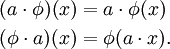 \begin{align}(a\cdot\phi)(x) &= a\cdot\phi(x)\\
(\phi\cdot a)(x) &= \phi(a\cdot x).\end{align}