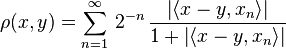 \rho(x,y)=\sum_{n=1}^\infty \, 2^{-n} \, \frac{\left|\langle x-y, x_n\rangle\right|}{1 + \left|\langle x-y, x_n\rangle\right|}