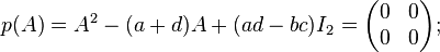 p(A)=A^2-(a+d)A+(ad-bc)I_2=\begin{pmatrix}0&0\\0&0\\\end{pmatrix};