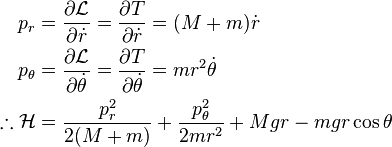 
\begin{align}
p_r &= \frac{\partial{\mathcal{L}}}{\partial \dot{r}} = \frac{\partial T}{\partial \dot{r}} = (M+m)\dot{r}\\
p_\theta &= \frac{\partial {\mathcal{L}}}{\partial \dot{\theta}} = \frac{\partial T}{\partial \dot{\theta}} = mr^2 \dot{\theta}\\
\therefore \mathcal{H} &= \frac{p_r^2}{2(M+m)} + \frac{p_\theta^2}{2mr^2} + Mgr - mgr \cos{\theta}
\end{align}
