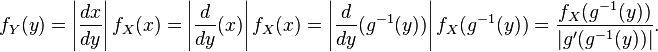 f_Y(y) = \left| \frac{dx}{dy} \right| f_X(x) = \left| \frac{d}{dy} (x) \right| f_X(x) = \left| \frac{d}{dy} (g^{-1}(y)) \right|f_X(g^{-1}(y)) = \frac{f_X(g^{-1}(y))}{|g'(g^{-1}(y))|}.