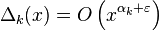 \Delta_k(x)=O\left( x^{\alpha_k+\varepsilon}\right)