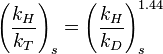 \left(\frac{k_H}{k_T}\right)_s=\left(\frac{k_H}{k_D}\right)_s^{1.44}