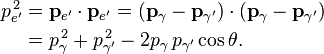 \begin{align}
p_{e'}^{\, 2} &= \mathbf{p}_{e'}\cdot\mathbf{p}_{e'} = (\mathbf{p}_\gamma - \mathbf{p}_{\gamma'}) \cdot (\mathbf{p}_\gamma - \mathbf{p}_{\gamma'}) \\
 &= p_{\gamma}^{\, 2} + p_{\gamma'}^{\, 2} - 2 p_{\gamma}\, p_{\gamma'} \cos\theta. \end{align}