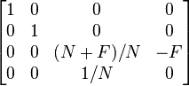 
\begin{bmatrix}
1 & 0 & 0 & 0 \\
0 & 1 & 0 & 0 \\
0 & 0 & (N+F)/N & -F \\
0 & 0 & 1/N & 0 
\end{bmatrix}
