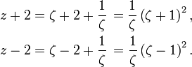 
\begin{align}
  z + 2 &= \zeta + 2 + \frac{1}{\zeta}\, = \frac{1}{\zeta} \left( \zeta + 1 \right)^2, \\
  z - 2 &= \zeta - 2 + \frac{1}{\zeta}\, = \frac{1}{\zeta} \left( \zeta - 1 \right)^2.
\end{align}
